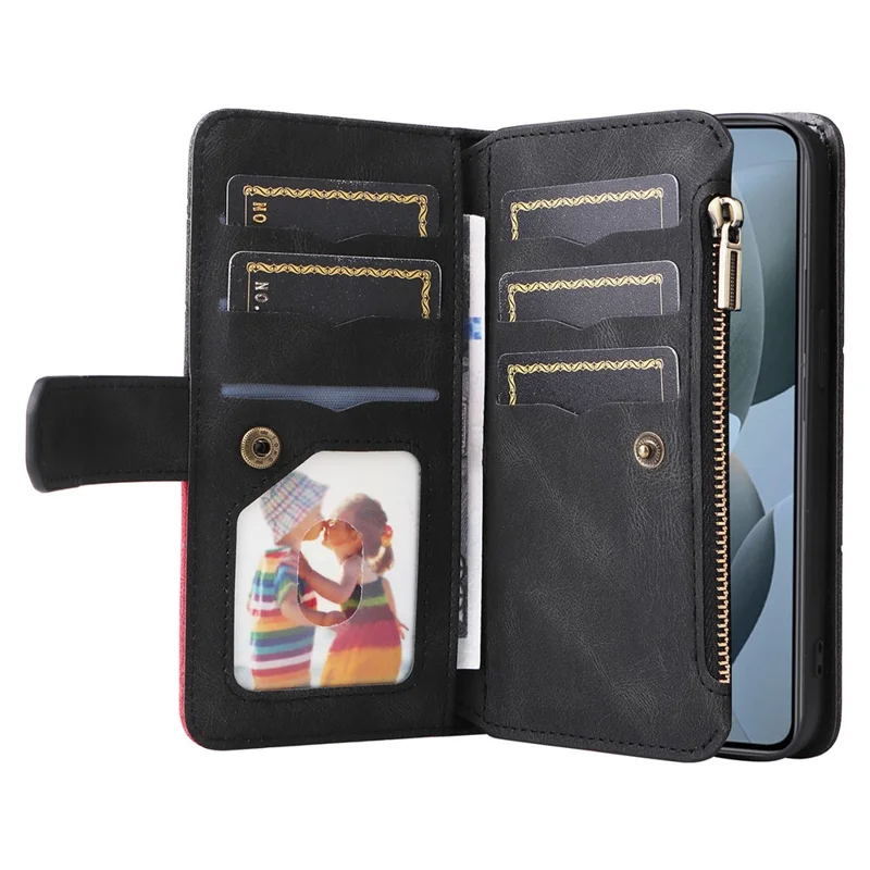 For Xiaomi 14T Leather Case with Strap Zipper 9 Card Slot Phone Cover Stand - Black