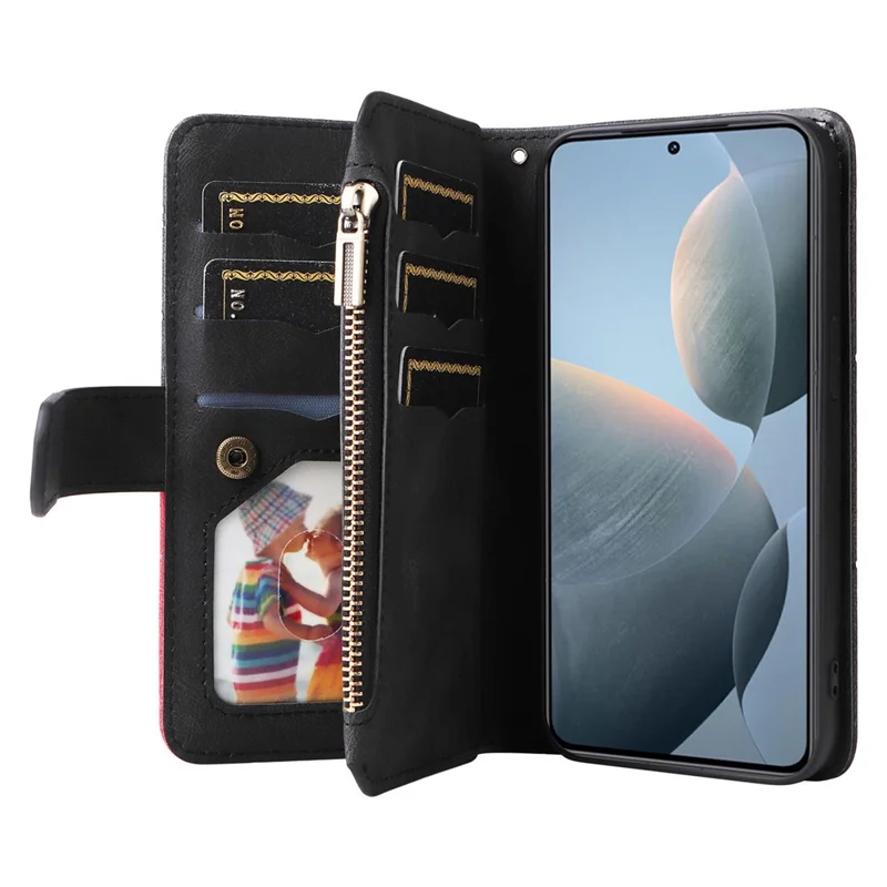 For Xiaomi 14T Leather Case with Strap Zipper 9 Card Slot Phone Cover Stand - Black