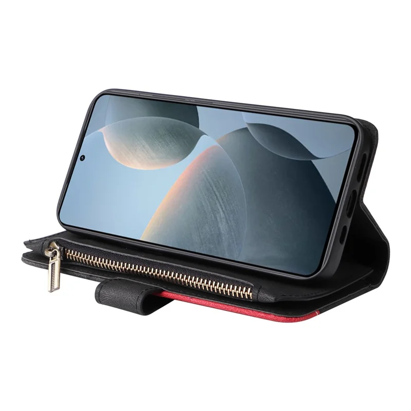 For Xiaomi 14T Leather Case with Strap Zipper 9 Card Slot Phone Cover Stand - Black