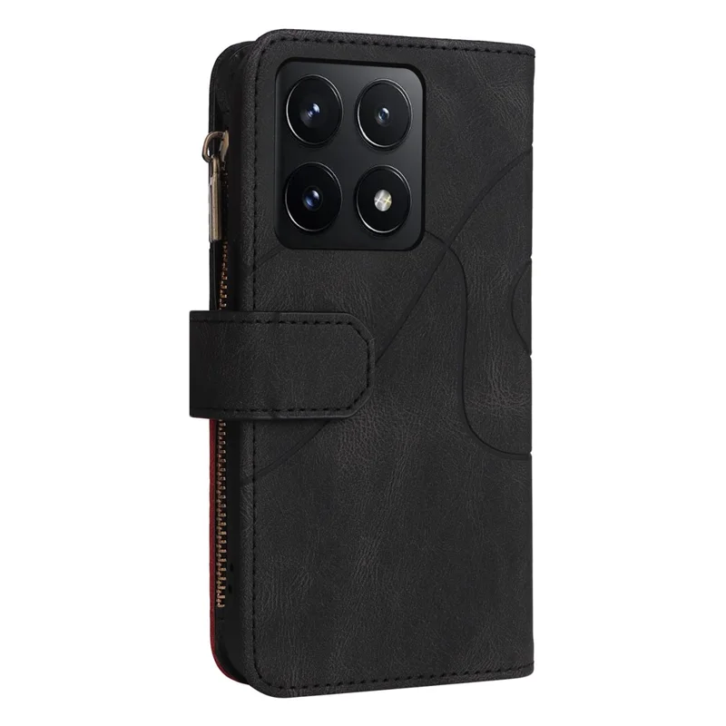 For Xiaomi 14T Leather Case with Strap Zipper 9 Card Slot Phone Cover Stand - Black