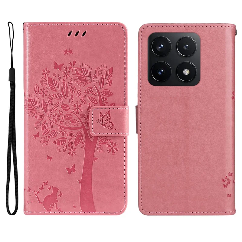 For Xiaomi 14T Phone Case with Stand Cat Tree Pattern Leather Wallet Mobile Cover - Pink
