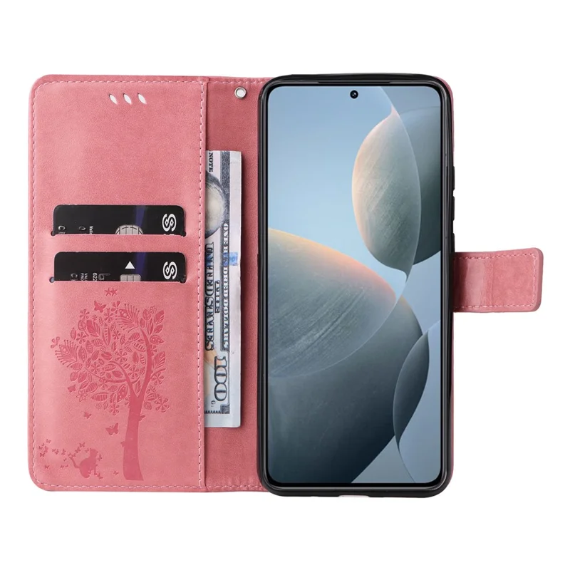 For Xiaomi 14T Phone Case with Stand Cat Tree Pattern Leather Wallet Mobile Cover - Pink
