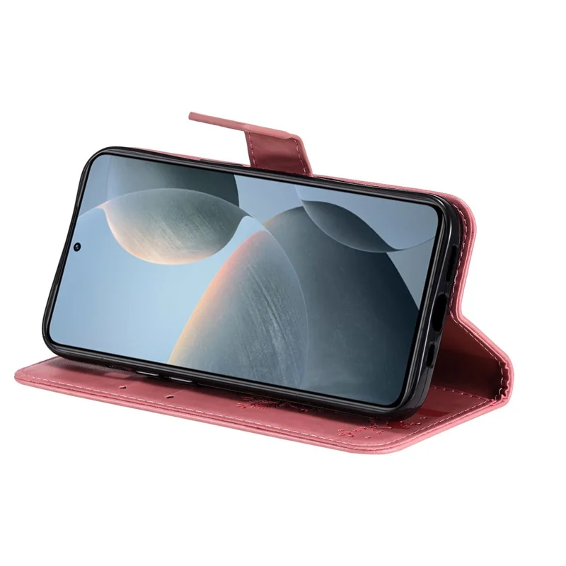 For Xiaomi 14T Phone Case with Stand Cat Tree Pattern Leather Wallet Mobile Cover - Pink