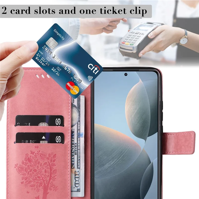 For Xiaomi 14T Phone Case with Stand Cat Tree Pattern Leather Wallet Mobile Cover - Pink
