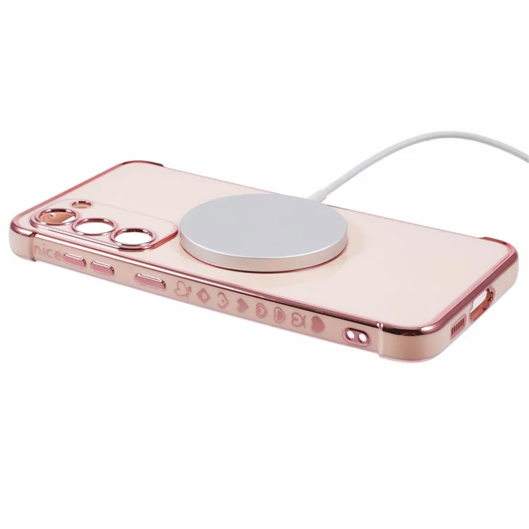 Pour Samsung Galaxy S23 + Case Compatible Avec Magsafe Electroplated TPU Phone Cover Hollow Love Hearts - Rose Rose