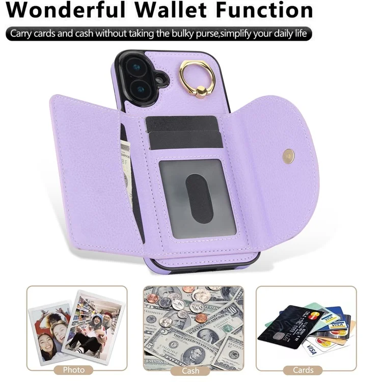Pour L'iphone 16 Case RFID Blocking Wallet Kickstand Leather + TPU Téléphone Couverture - Violet Léger