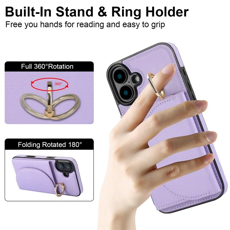 Pour L'iphone 16 Case RFID Blocking Wallet Kickstand Leather + TPU Téléphone Couverture - Violet Léger