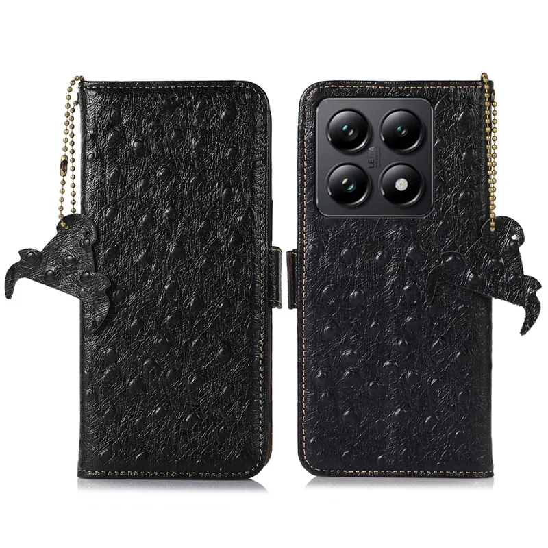 Pour étui Xiaomi 14T Pro RFID Blocking Genuine Cow Leather Phone Case Ostrich Texture - Noir