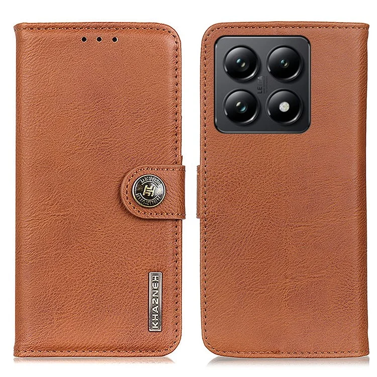 KHAZNEH For Xiaomi 14T Pro Wallet Case Cowhide Texture Leather Flip Phone Cover - Brown