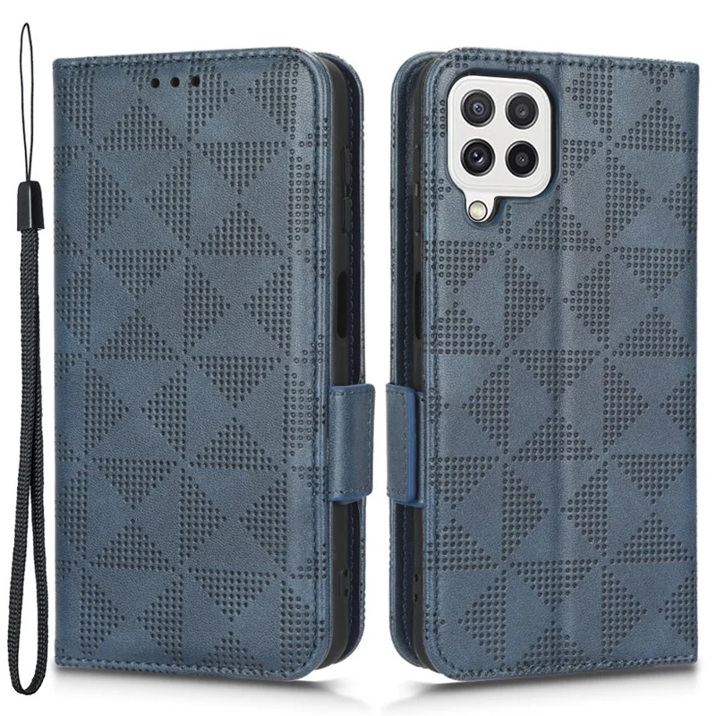 Voor Samsung Galaxy A22 4G (EU-versie) / Galaxy M22 hoesje met driehoekpatroon Ingebouwd telefoonhoesje Anti-kras Portemonnee Stand PU-lederen hoesje met bandje - Blauw