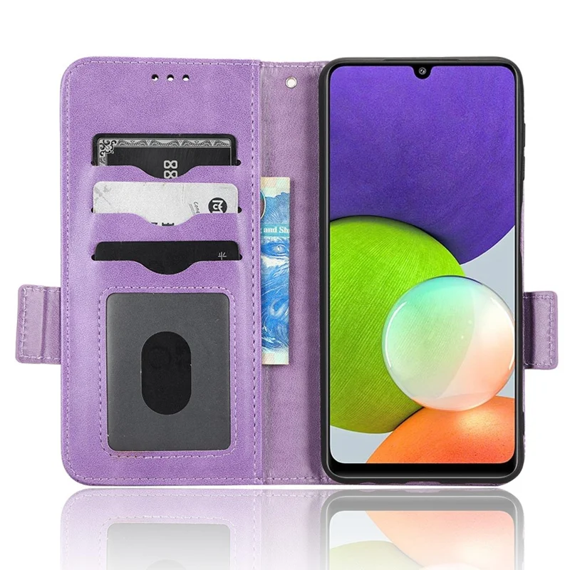 For Samsung Galaxy A22 4G (EU Version) / Galaxy M22 Case Triangle Pattern Imprinted Phone Case Anti-scratch Wallet Stand PU Leather Cover with Strap - Purple