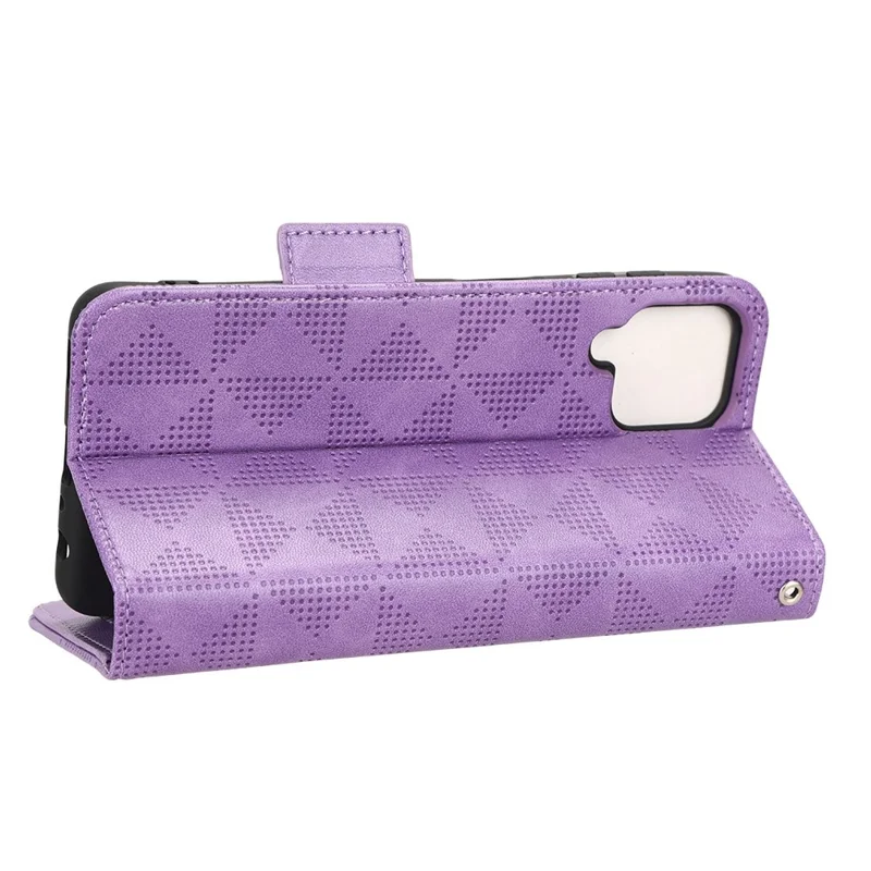 For Samsung Galaxy A22 4G (EU Version) / Galaxy M22 Case Triangle Pattern Imprinted Phone Case Anti-scratch Wallet Stand PU Leather Cover with Strap - Purple