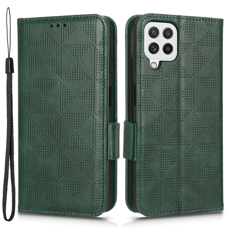 For Samsung Galaxy A22 4G (EU Version) / Galaxy M22 Case Triangle Pattern Imprinted Phone Case Anti-scratch Wallet Stand PU Leather Cover with Strap - Green