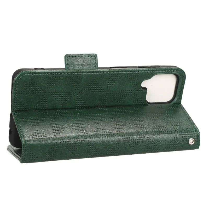 For Samsung Galaxy A22 4G (EU Version) / Galaxy M22 Case Triangle Pattern Imprinted Phone Case Anti-scratch Wallet Stand PU Leather Cover with Strap - Green