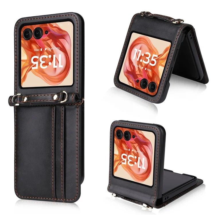 Для Motorola Razr 50 5G / Razr 2024 5G Case Slots Slots Кожаная Телефонная Крышка с Lanyard - Черный