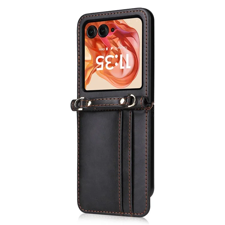 Для Motorola Razr 50 5G / Razr 2024 5G Case Slots Slots Кожаная Телефонная Крышка с Lanyard - Черный