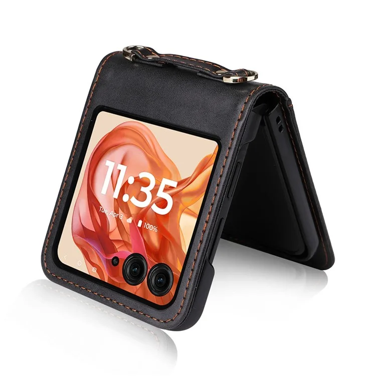 Для Motorola Razr 50 5G / Razr 2024 5G Case Slots Slots Кожаная Телефонная Крышка с Lanyard - Черный