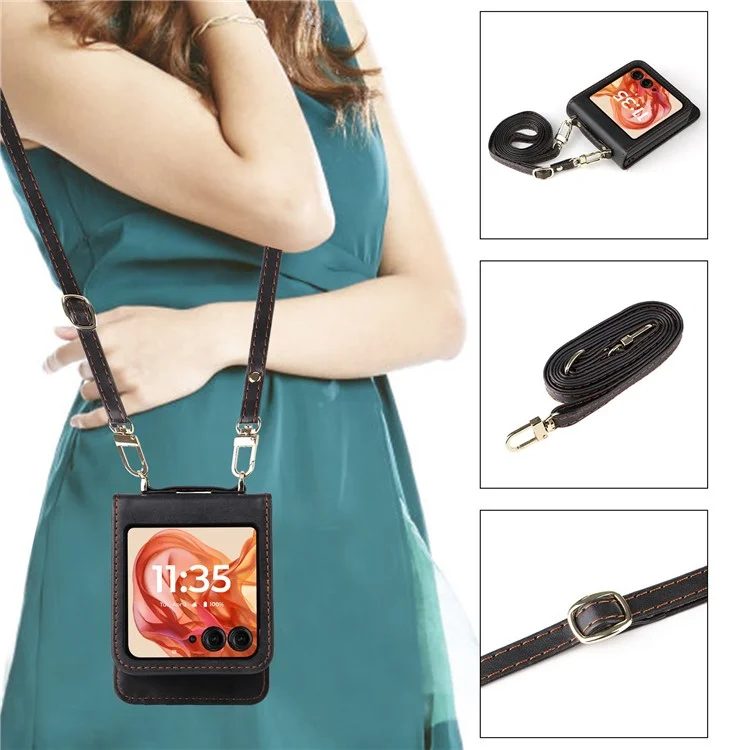 Для Motorola Razr 50 5G / Razr 2024 5G Case Slots Slots Кожаная Телефонная Крышка с Lanyard - Черный