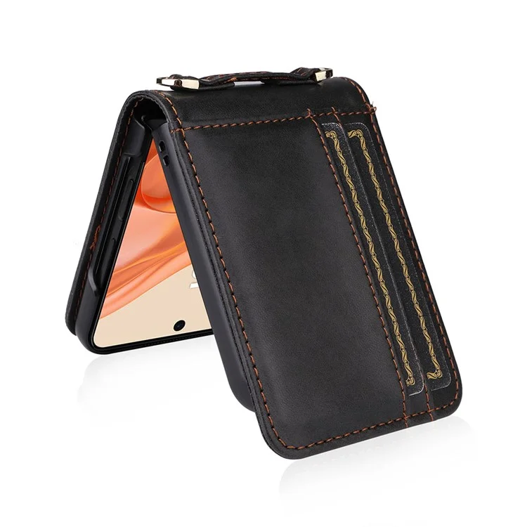 Для Motorola Razr 50 5G / Razr 2024 5G Case Slots Slots Кожаная Телефонная Крышка с Lanyard - Черный