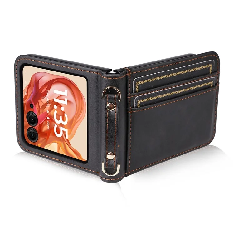 Для Motorola Razr 50 5G / Razr 2024 5G Case Slots Slots Кожаная Телефонная Крышка с Lanyard - Черный