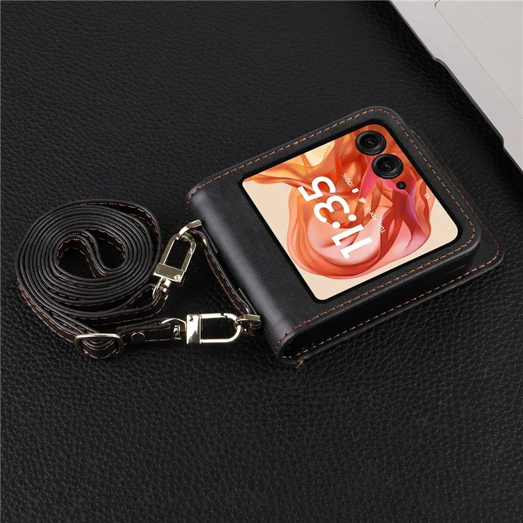 Для Motorola Razr 50 5G / Razr 2024 5G Case Slots Slots Кожаная Телефонная Крышка с Lanyard - Черный