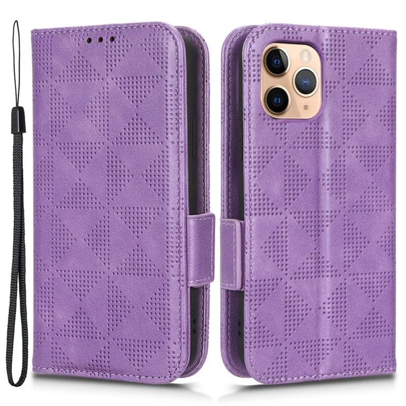 Anti-scratch Phone Case for iPhone 11 Pro Max 6.5 inch, Triangle Pattern Imprinted Folio Flip Wallet Stand PU Leather Case with Strap - Purple