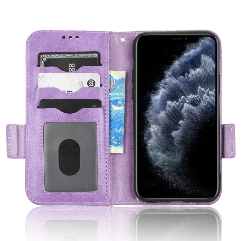 Anti-scratch Phone Case for iPhone 11 Pro Max 6.5 inch, Triangle Pattern Imprinted Folio Flip Wallet Stand PU Leather Case with Strap - Purple
