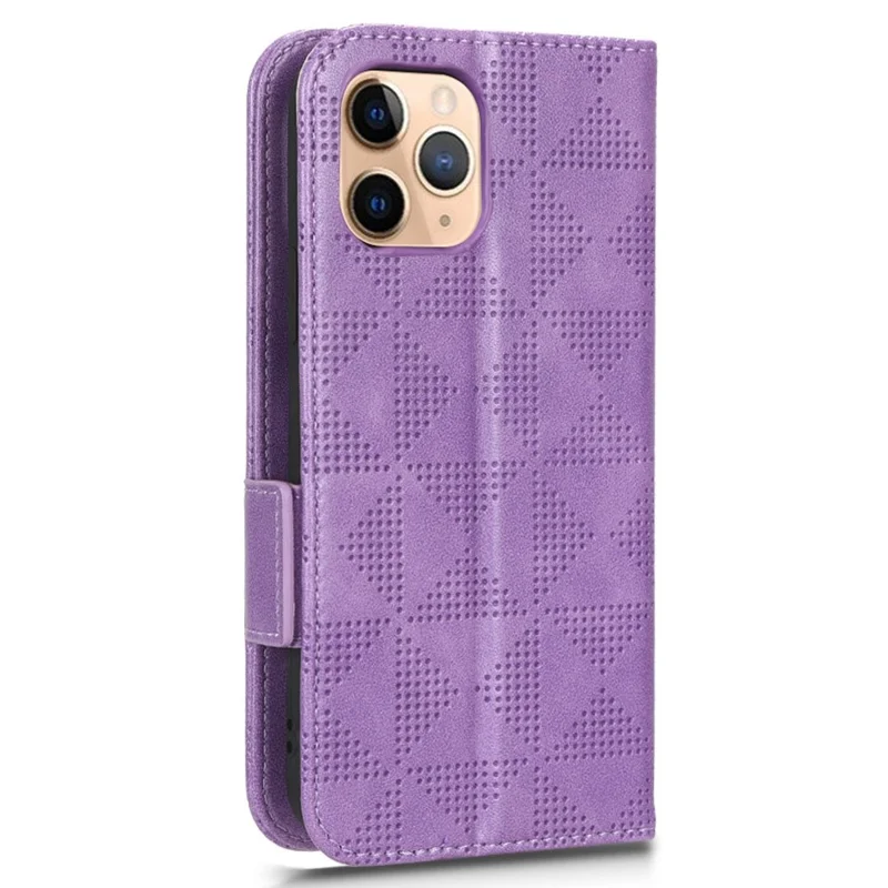 Anti-scratch Phone Case for iPhone 11 Pro Max 6.5 inch, Triangle Pattern Imprinted Folio Flip Wallet Stand PU Leather Case with Strap - Purple