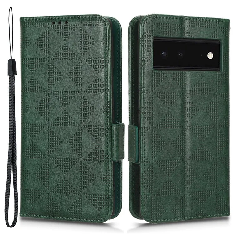 Cell Phone Case for Google Pixel 6, Imprinted Triangle Stand Anti-scratch Wallet PU Leather Cover with Strap - Green