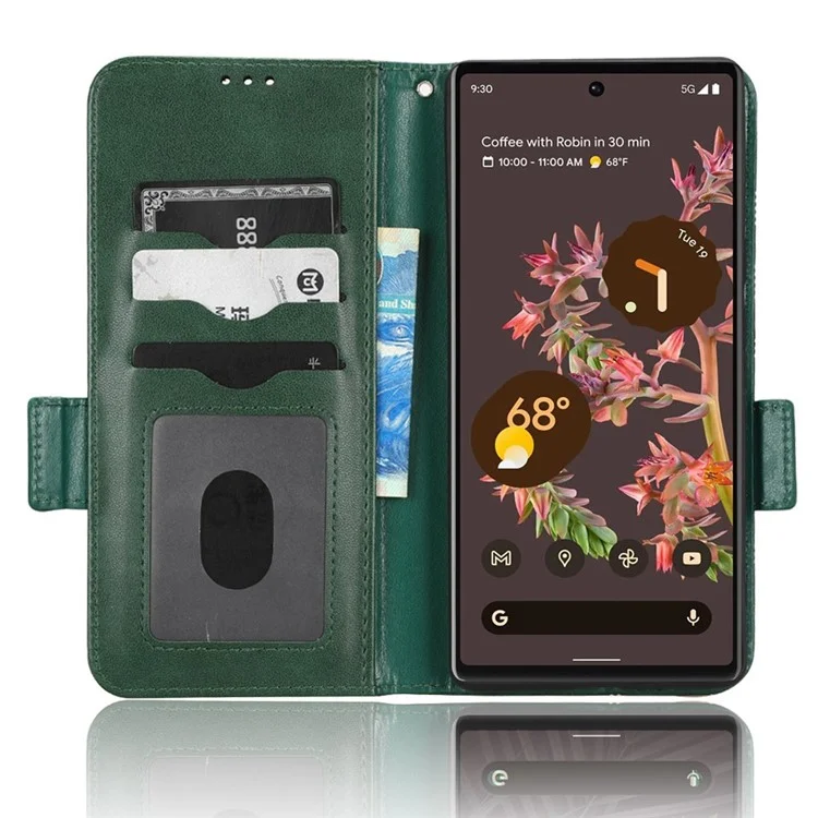 Cell Phone Case for Google Pixel 6, Imprinted Triangle Stand Anti-scratch Wallet PU Leather Cover with Strap - Green