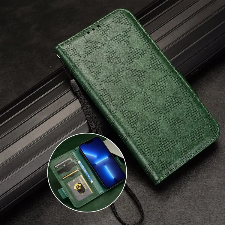 Cell Phone Case for Google Pixel 6, Imprinted Triangle Stand Anti-scratch Wallet PU Leather Cover with Strap - Green