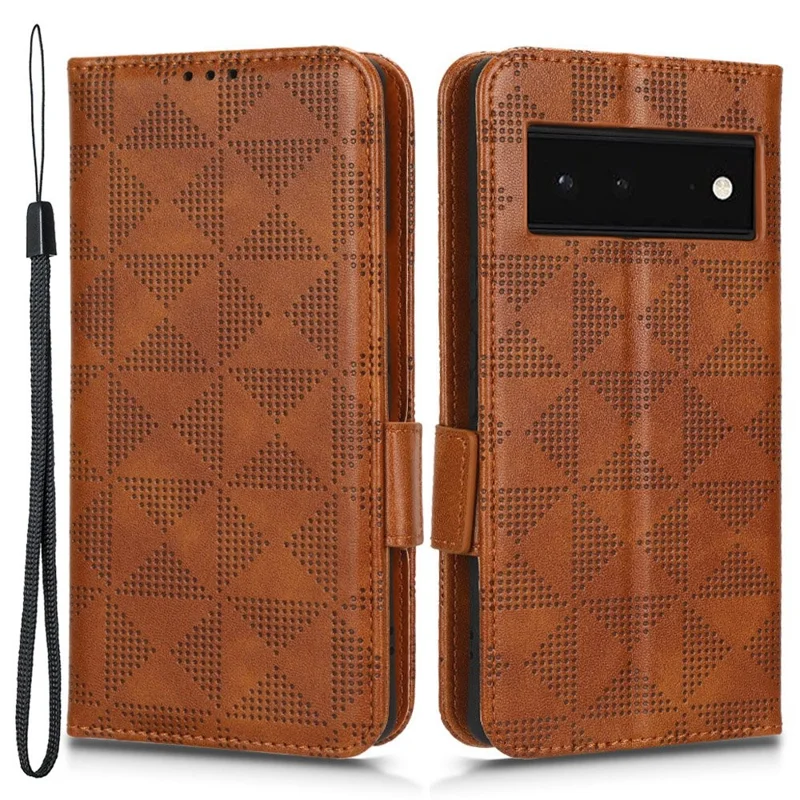 Cell Phone Case for Google Pixel 6, Imprinted Triangle Stand Anti-scratch Wallet PU Leather Cover with Strap - Brown