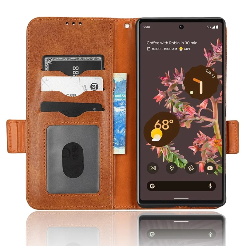 Cell Phone Case for Google Pixel 6, Imprinted Triangle Stand Anti-scratch Wallet PU Leather Cover with Strap - Brown