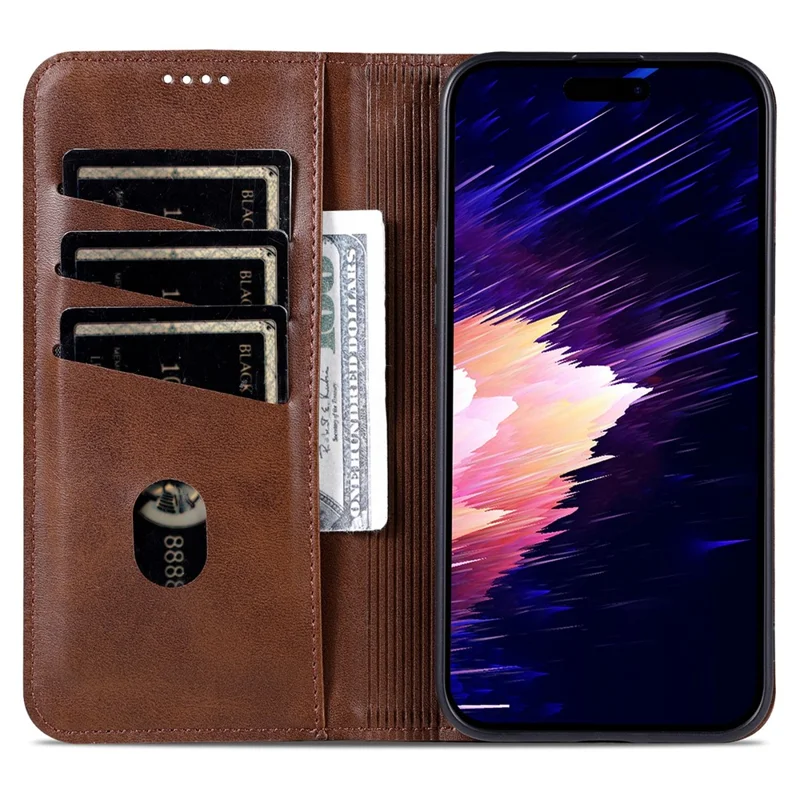 AZNS For iPhone 16 Case Cowhide Texture PU Leather Wallet Phone Cover - Coffee