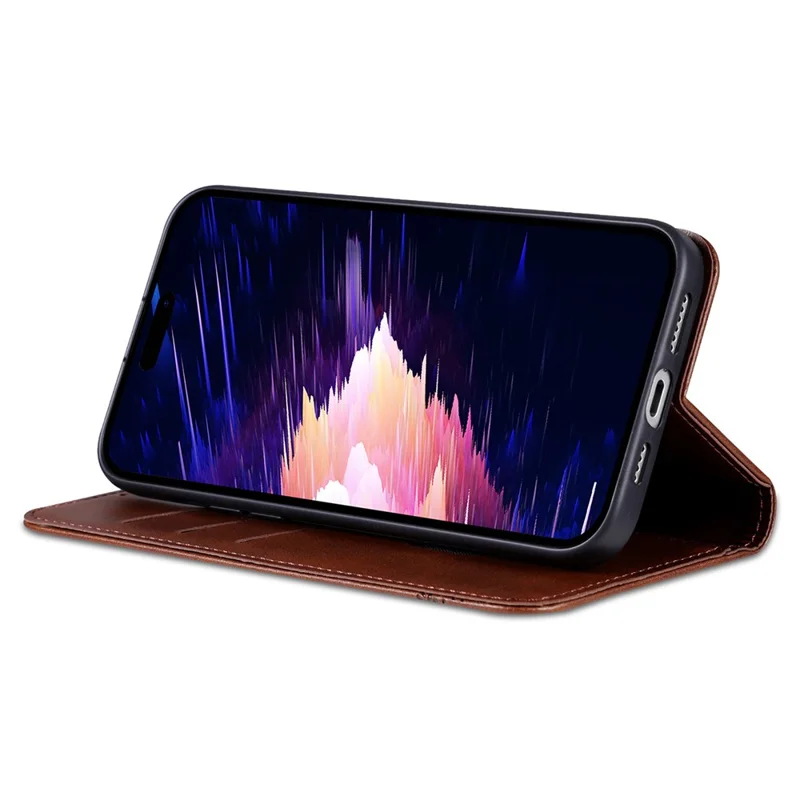 AZNS For iPhone 16 Case Cowhide Texture PU Leather Wallet Phone Cover - Coffee