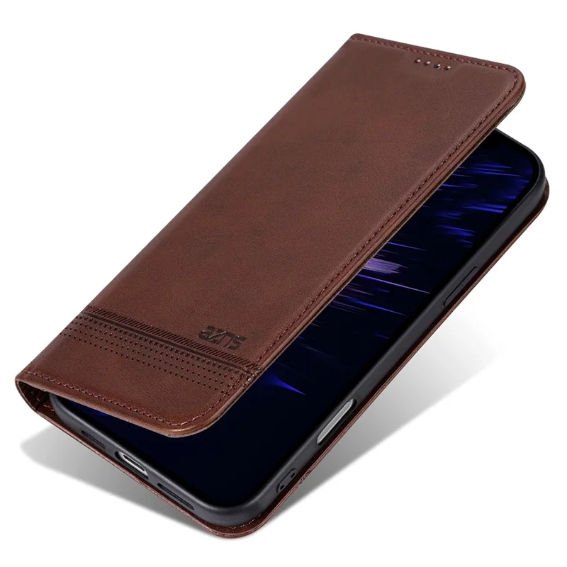 AZNS For iPhone 16 Case Cowhide Texture PU Leather Wallet Phone Cover - Coffee