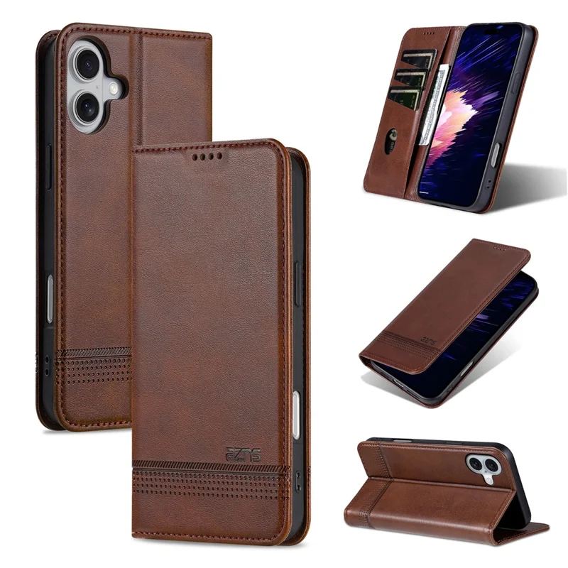 AZNS For iPhone 16 Case Cowhide Texture PU Leather Wallet Phone Cover - Coffee