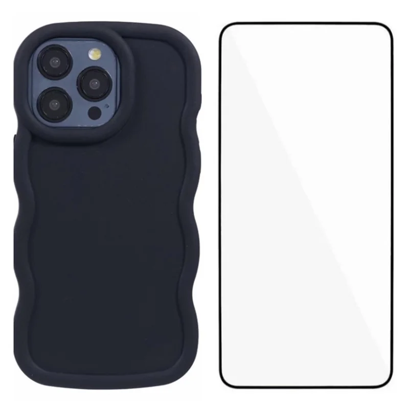 WANLONFENG XL Series for iPhone 14 Pro Max Case Wave Edge TPU Cover with Tempered Glass Film - Black