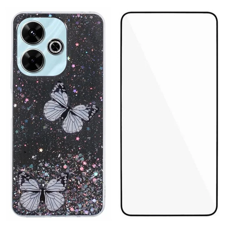 Wanlonfeng AW -serie Für Xiaomi Redmi 13 5G / 4G Hülle Mit Screenfilm TPU Phone Cover PVC Butterfly Epoxy - Schwarz