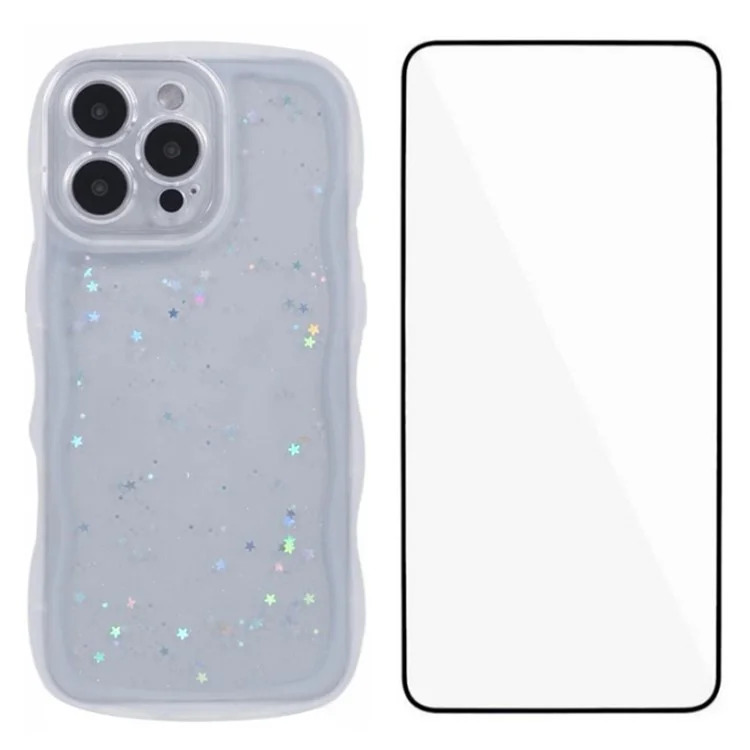 Serie Wanlonfeng JWT Para Iphone 13 Pro TPU Case Epoxy Phone Cover Edge Wavy Con Vidrio Templado - Blanco Transparente