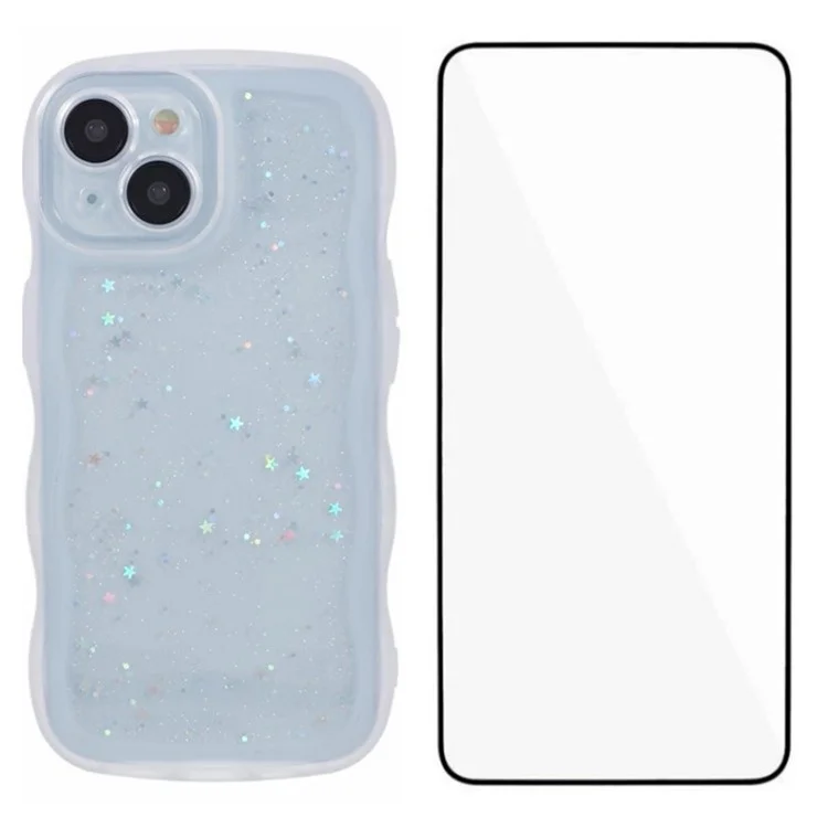 Серия Wanlonfeng JWT Для Iphone 15 Plus TPU Case Epoxy Phone Cover Wavy Edge с Закаленным Стеклом - Прозрачный Белый