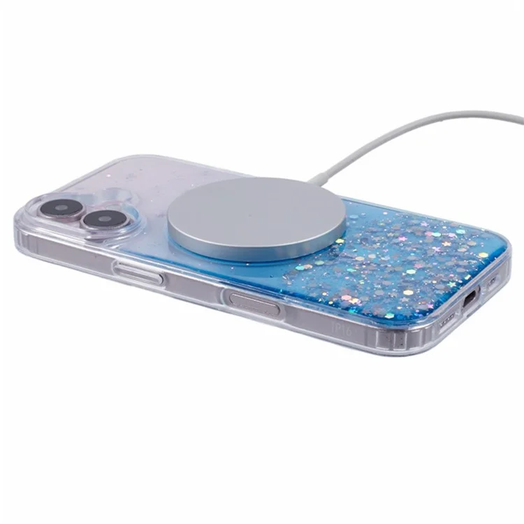 Serie Wanlonfeng JWT1 Para Iphone 16 Magnetic Case Epoxy Glitter TPU Tpula Con Pila - Azul