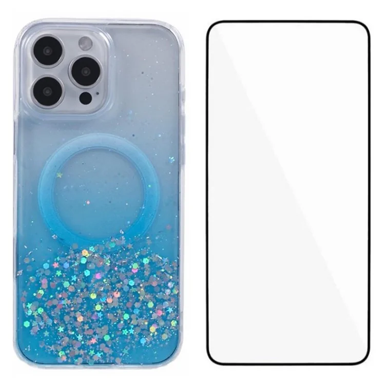 Wanlonfeng JWT1 -serie Für Iphone 16 Pro Magnetic Case Epoxy Glitter TPU -telefonabdeckung Mit Temperamentvollem Glasfilm - Blau
