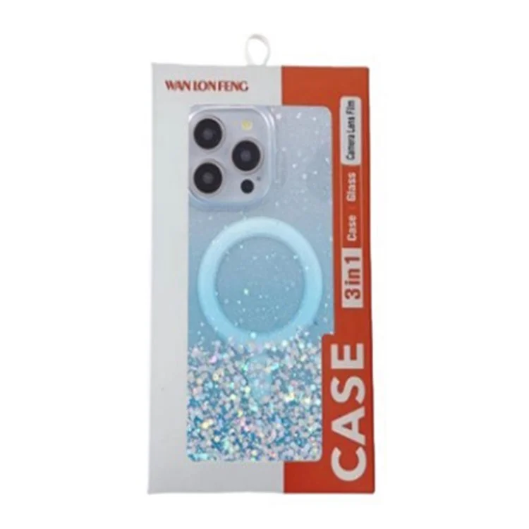 Wanlonfeng JWT1 -serie Für Iphone 16 Pro Magnetic Case Epoxy Glitter TPU -telefonabdeckung Mit Temperamentvollem Glasfilm - Blau