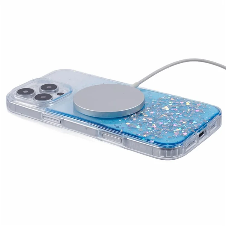 Wanlonfeng JWT1 -serie Für Iphone 16 Pro Magnetic Case Epoxy Glitter TPU -telefonabdeckung Mit Temperamentvollem Glasfilm - Blau