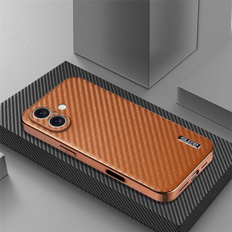 Azns Für Iphone 16 Plus Case Electroplating Carbon Faser Textur PU+TPU -telefonabdeckung - Braun