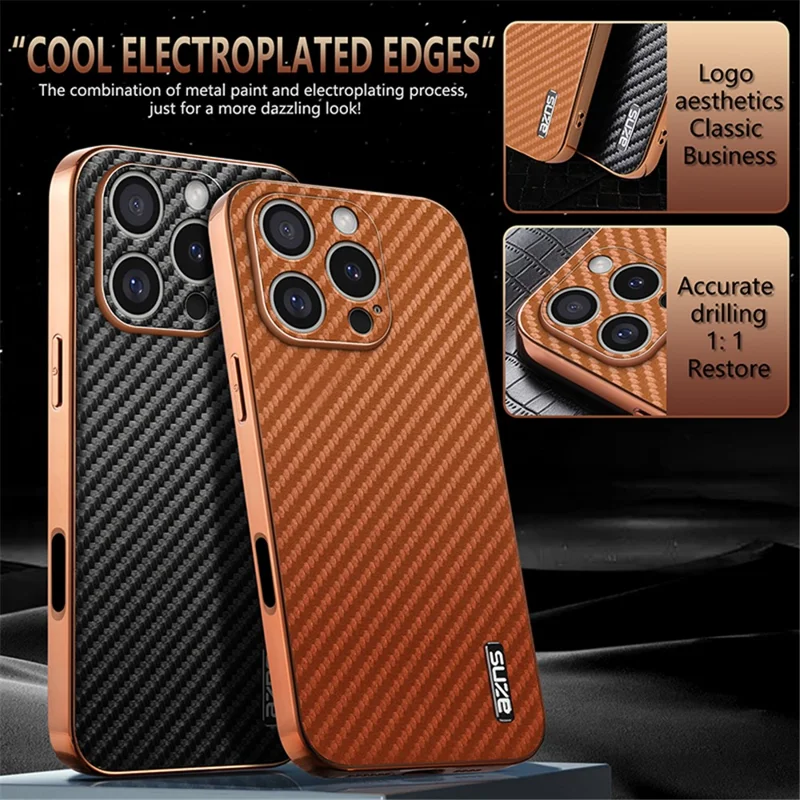 AZNS Для Iphone 16 Pro Case Case Electrapting Carbon Fiber Texture PU+TPU Phone Cople - Черный
