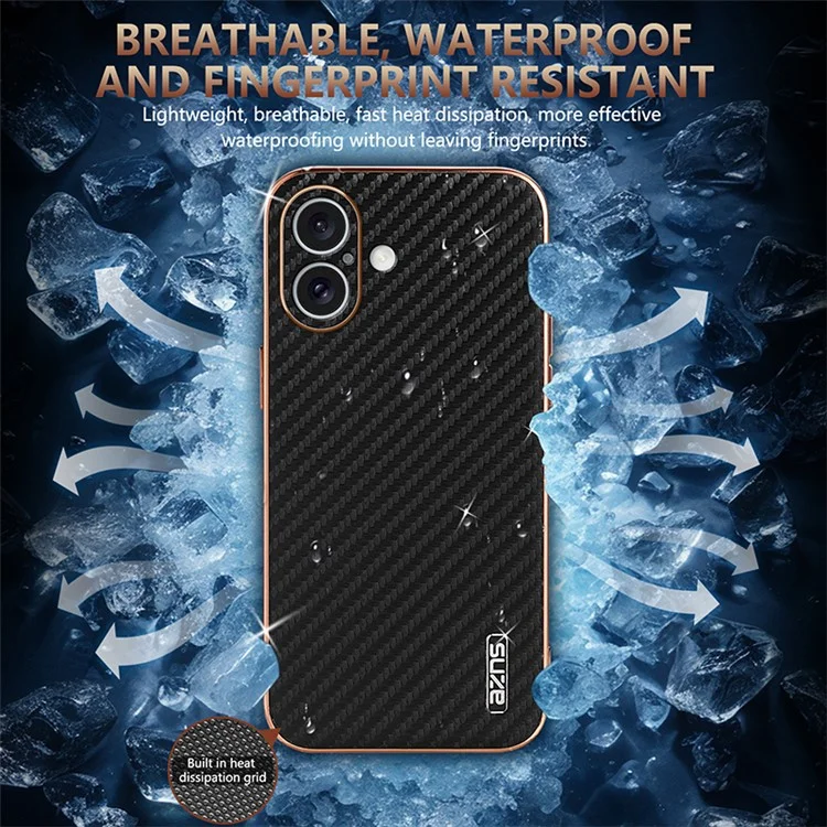 AZNS For iPhone 16 Case Electroplating Carbon Fiber Texture PU+TPU Phone Cover - Brown