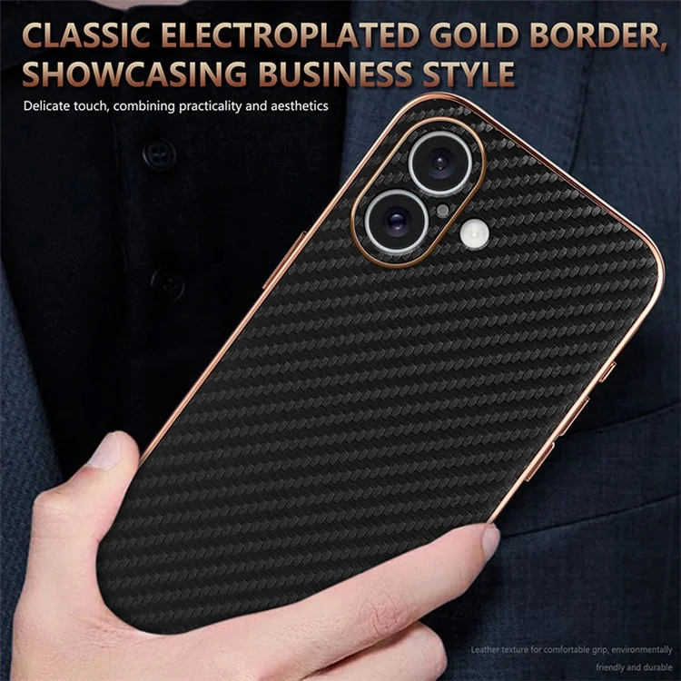 AZNS For iPhone 16 Case Electroplating Carbon Fiber Texture PU+TPU Phone Cover - Brown