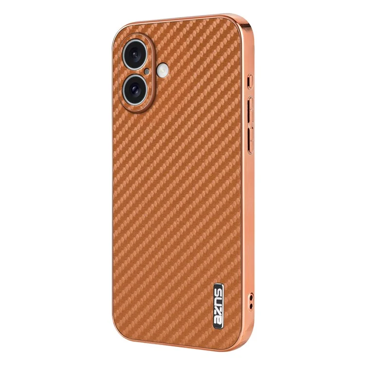 AZNS For iPhone 16 Case Electroplating Carbon Fiber Texture PU+TPU Phone Cover - Brown